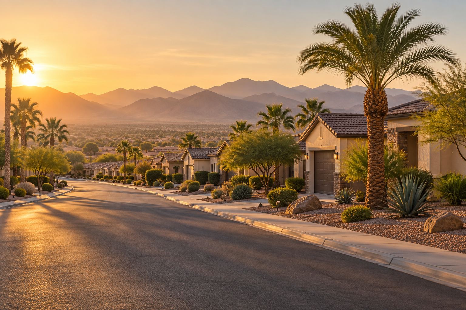 A sunlit Las Vegas Valley residential street with desert landscaping, illustrative