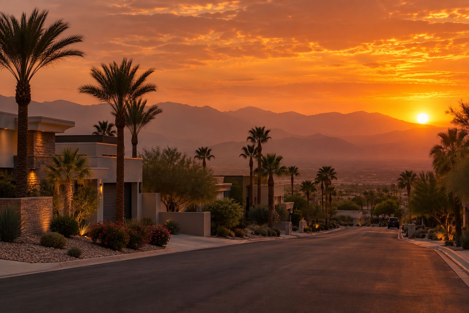 A Las Vegas Valley street at sunset, illustrative