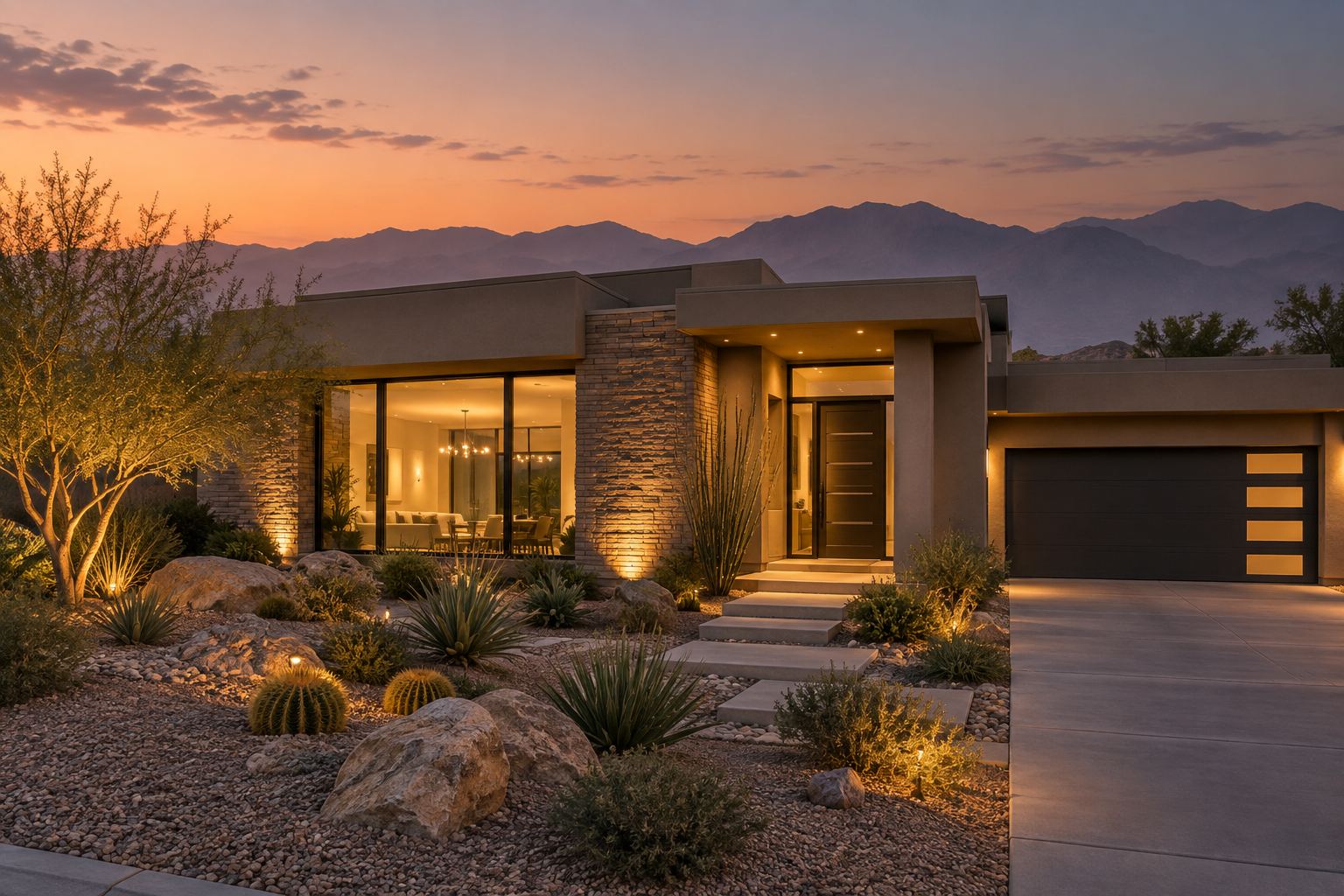 A Las Vegas Valley home exterior at dusk, illustrative
