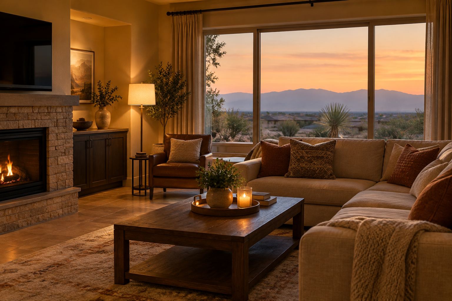 A cozy Las Vegas Valley living room, illustrative